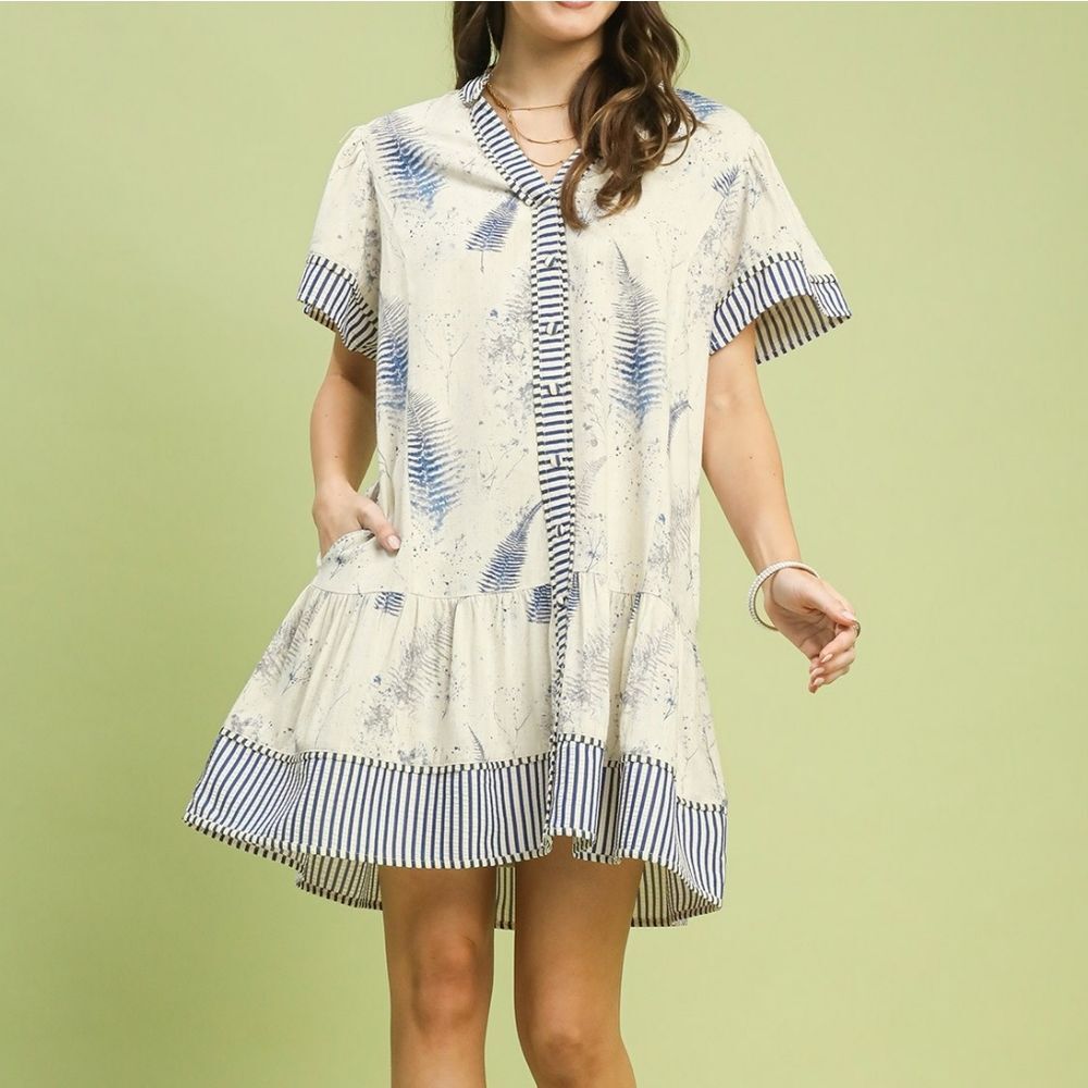 Last Day ◇ Umgee Casual Linen Button-Front Ruffled Mini Cream & Blue Dress